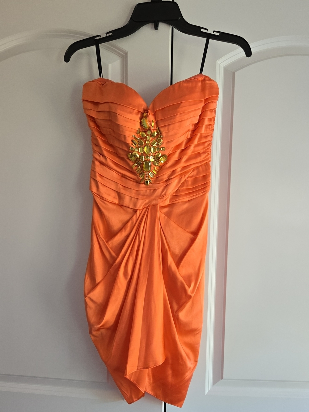 bebe Strapless Orange Dress with Gold Jewel Accent